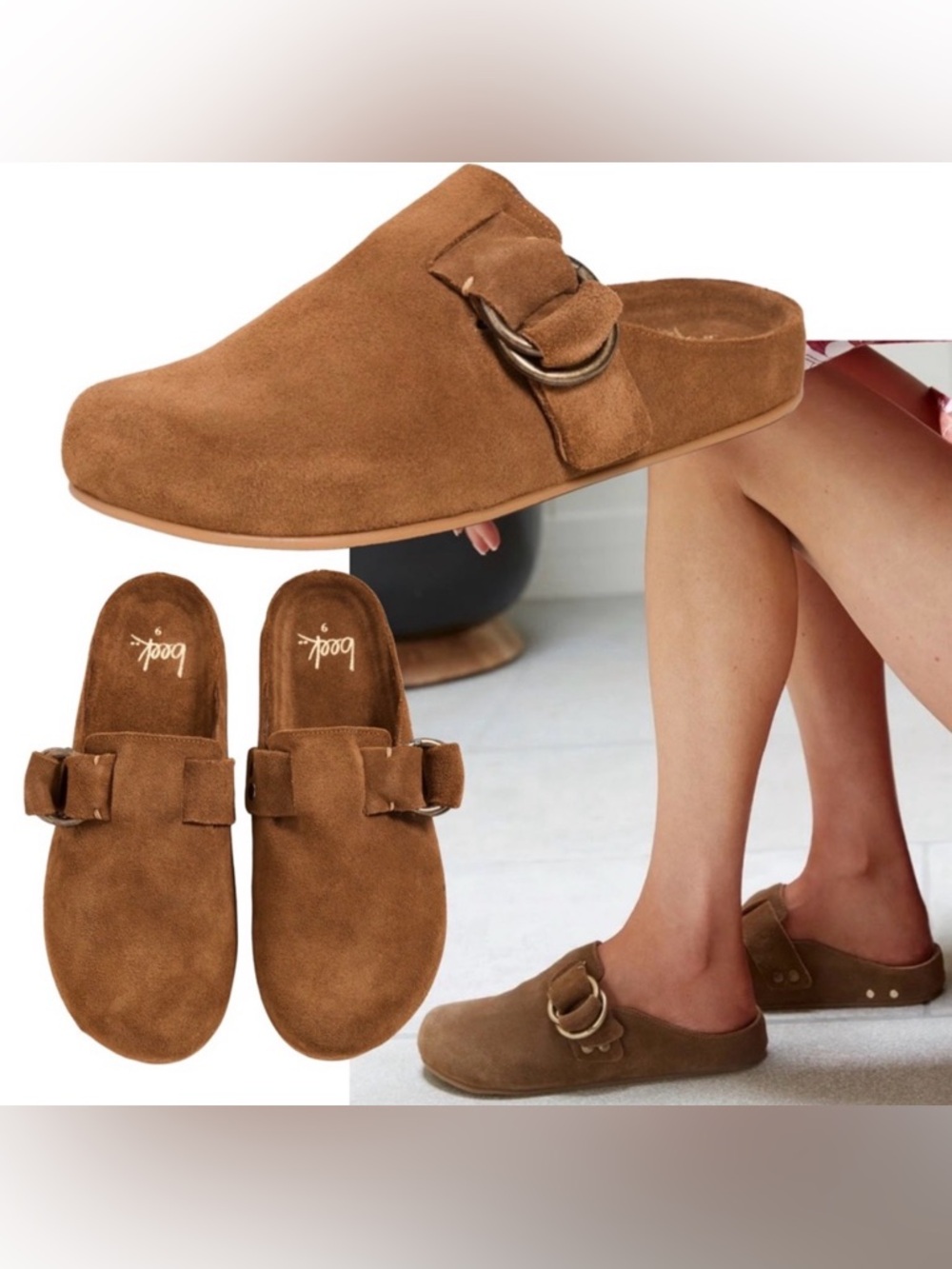 beek Vulture Clog Chestnut Suede Buckle Strap Mule Molded Footbed Size 8